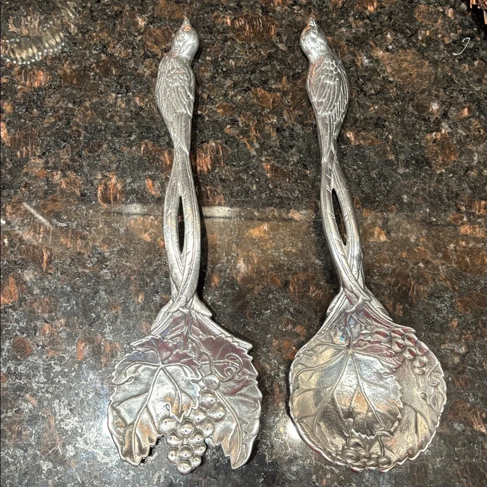 Vintage 1999 Arthur Court Aluminum Salad Serving Set ~ Spoon/Fork Bird Design